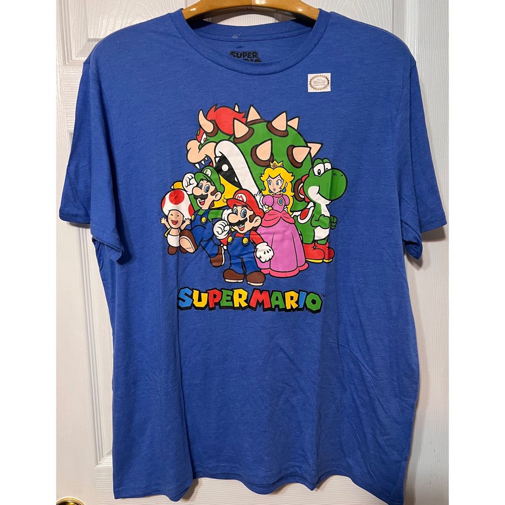 Nintendo Super Mario Bros Character Graphic T-Shirt Blue XXL Bowser Yoshi Peach